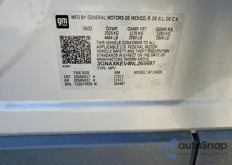 2022 Chevrolet Equinox Lt из США, поврежденный, VIN 3GNAXKEV4NL265697